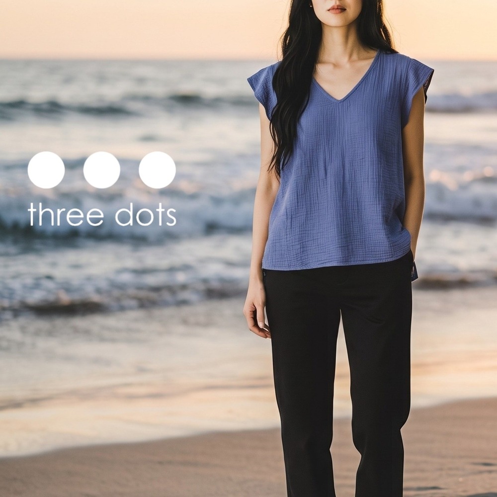 Three Dots Womens Gauze Flutter Sleeve V-Neck Top Blue L